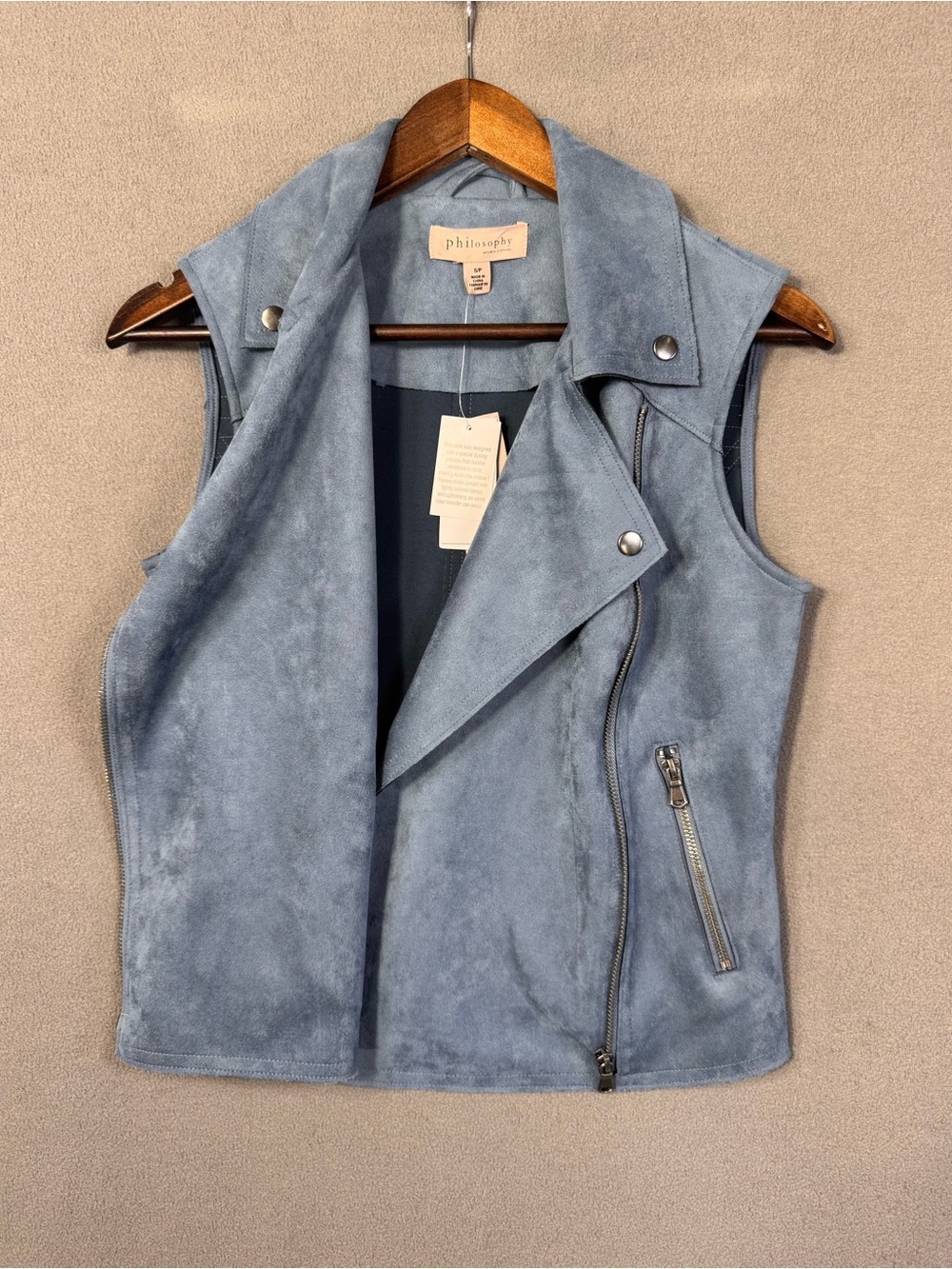 Philosophy Dusty Blue Shadow Faux Suede Sleeveless Moto Vest w/ Zipper, Small - Picture 5 of 16